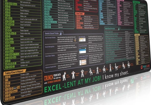 Pixiecube Excel Cheat Sheet Desk Pad | Excel Shortcut Keys Mouse Pad | Extended Large XL Gaming Mousepad | PC Office Spreadsheet Keyboard Mat | Non-Slip Stitched Edge