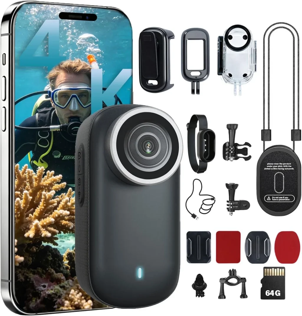 4K Mini Body Camera,64G Wearable Camera with 360Rotatable Clip & Magnetic Clip, Thumb Size, 96 Minutes for Recording, Easy to Use for Lecture, Traveling, Pet Walking and OutdoorsBlack