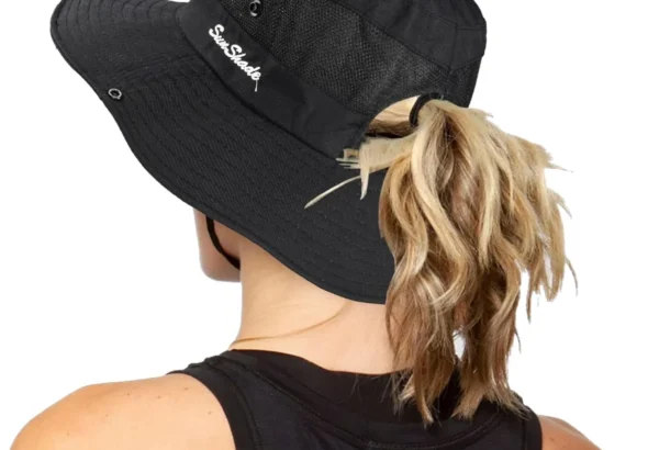 Women's Outdoor UV-Protection-Foldable Sun-Hats Mesh Wide-Brim Beach Fishing Hat with Ponytail-Hole