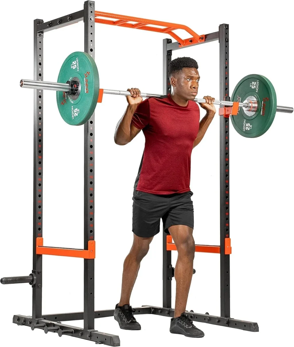 Sunny Health & Fitness Power Zone Strength Rack Power Cage - 1000 LB Weight Capacity, Spotter Bar, Angled Pull-Up Bar, J-Hooks, Resistance Band Pins, Optional LAT Pull Down