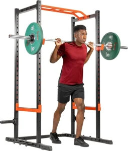 Sunny Health & Fitness Power Zone Strength Rack Power Cage - 1000 LB Weight Capacity, Spotter Bar, Angled Pull-Up Bar, J-Hooks, Resistance Band Pins, Optional LAT Pull Down