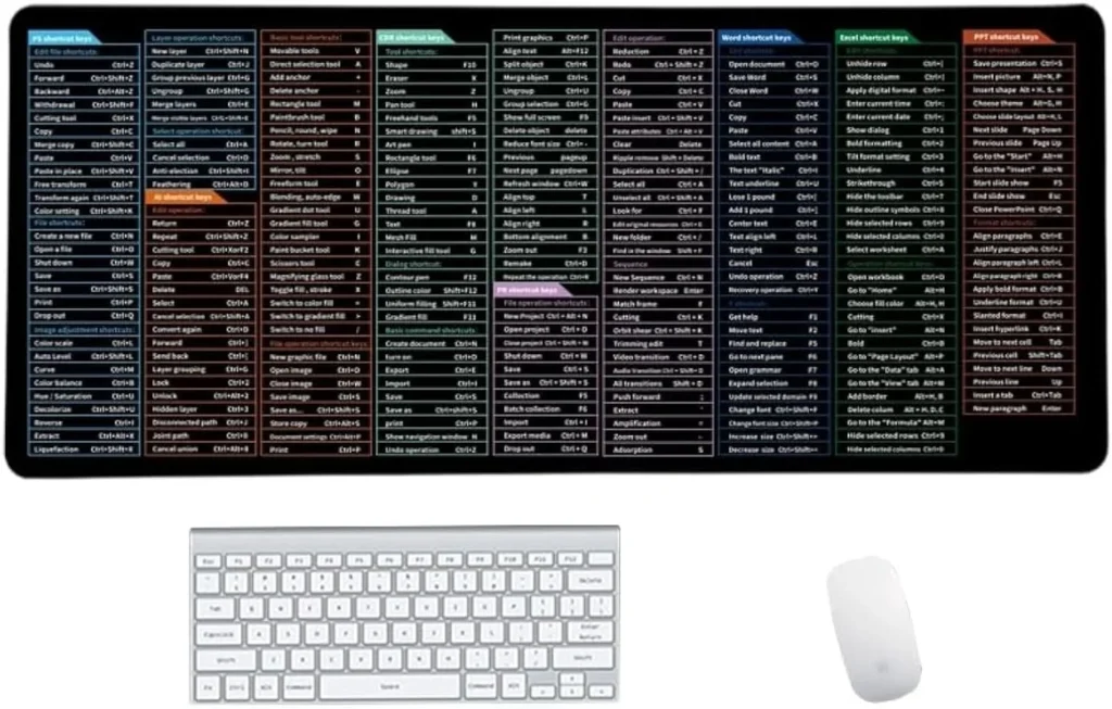 Quick Key Keyboard Mouse Pad, Non-Slip Desk Mat with Office Software Shortcuts Pattern, Upgraded Extended Large Rubber Base Mice Smooth Cloth Mouse Pad Desk Mat