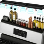 30" Magnetic Stove Top Shelf, Silicone Over the Stove Spice Rack Organizer | Heat Resistant Silicone, Anti-Rattle No-Scratch Range Shelf, 3 Functional Partitions Kitchen Storage for Spices