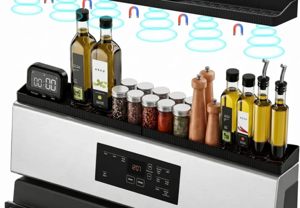 30" Magnetic Stove Top Shelf, Silicone Over the Stove Spice Rack Organizer | Heat Resistant Silicone, Anti-Rattle No-Scratch Range Shelf, 3 Functional Partitions Kitchen Storage for Spices