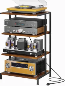 X-cosrack AV Media Stand with Power Strips,4-Tier Stereo Cabinet Audio Rack,Game Console Shelf with Adjustable Shelves,Small Entertainment Center with Larger Tabletop for PS5 Xbox TV Box DVD Players