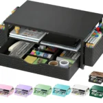 Spacrea Desk Organizer and Accessories, Computer Monitor Stand Riser with Drawer and 2 Pen Holders, Office Desk Accessories & Workspace Organizers for Office Supplies (Black)