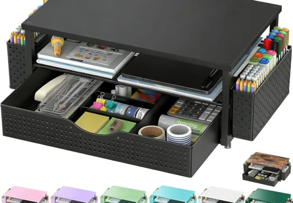 Spacrea Desk Organizer and Accessories, Computer Monitor Stand Riser with Drawer and 2 Pen Holders, Office Desk Accessories & Workspace Organizers for Office Supplies (Black)