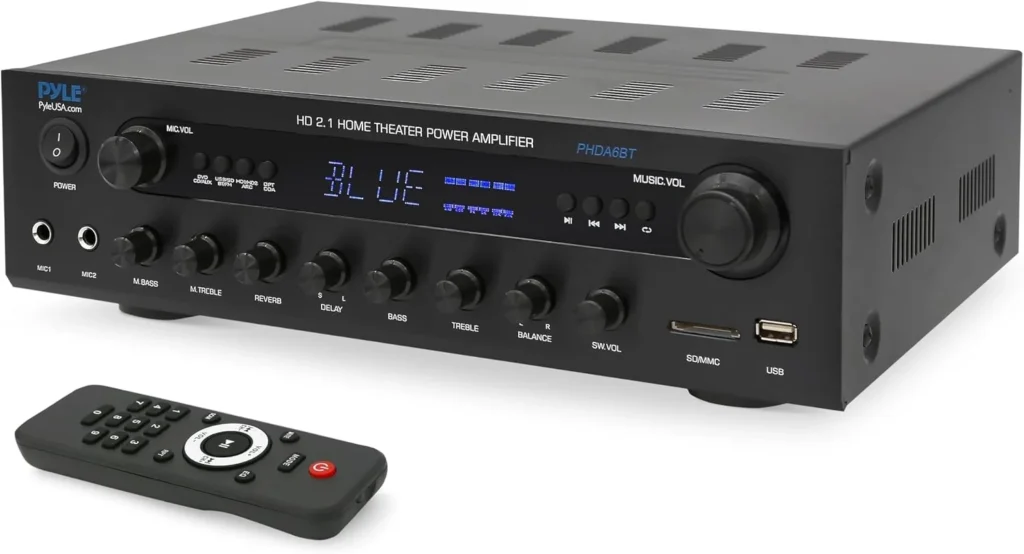 Pyle 400w Home Entertainment Amplifier with Bluetooth - Karaoke Optimized with Dual Mic Inputs with Reverb and Delay, Hi Def in and Out for Home Theater, USB-A Input, SD Card, FM Radio - PHDA6BT