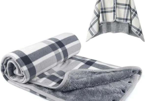forestfish Fleece Wearable Blanket, Plaid Lap Blanket Comfy Poncho Throw with Buttons for Bed Sofa Office, Grey-White