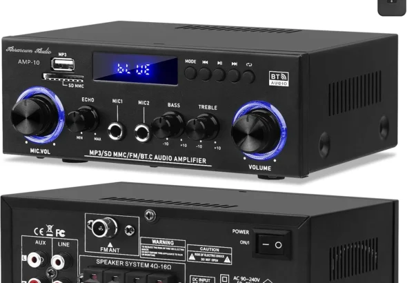 Amp10 Amplifier Home Audio,400W Power Amplifier 2 Channel Stereo Receiver with Bluetooth 5.0,Active Subwoofer Output, FM Radio, USB/SD/AUX, MIC, Remote Control for Home Theater