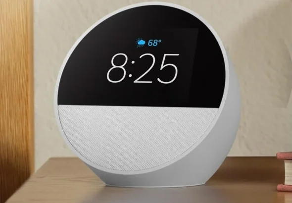 Amazon Echo Spot (newest model), Great for nightstands, offices and kitchens, Smart alarm clock, Designed for Alexa+, Glacier White