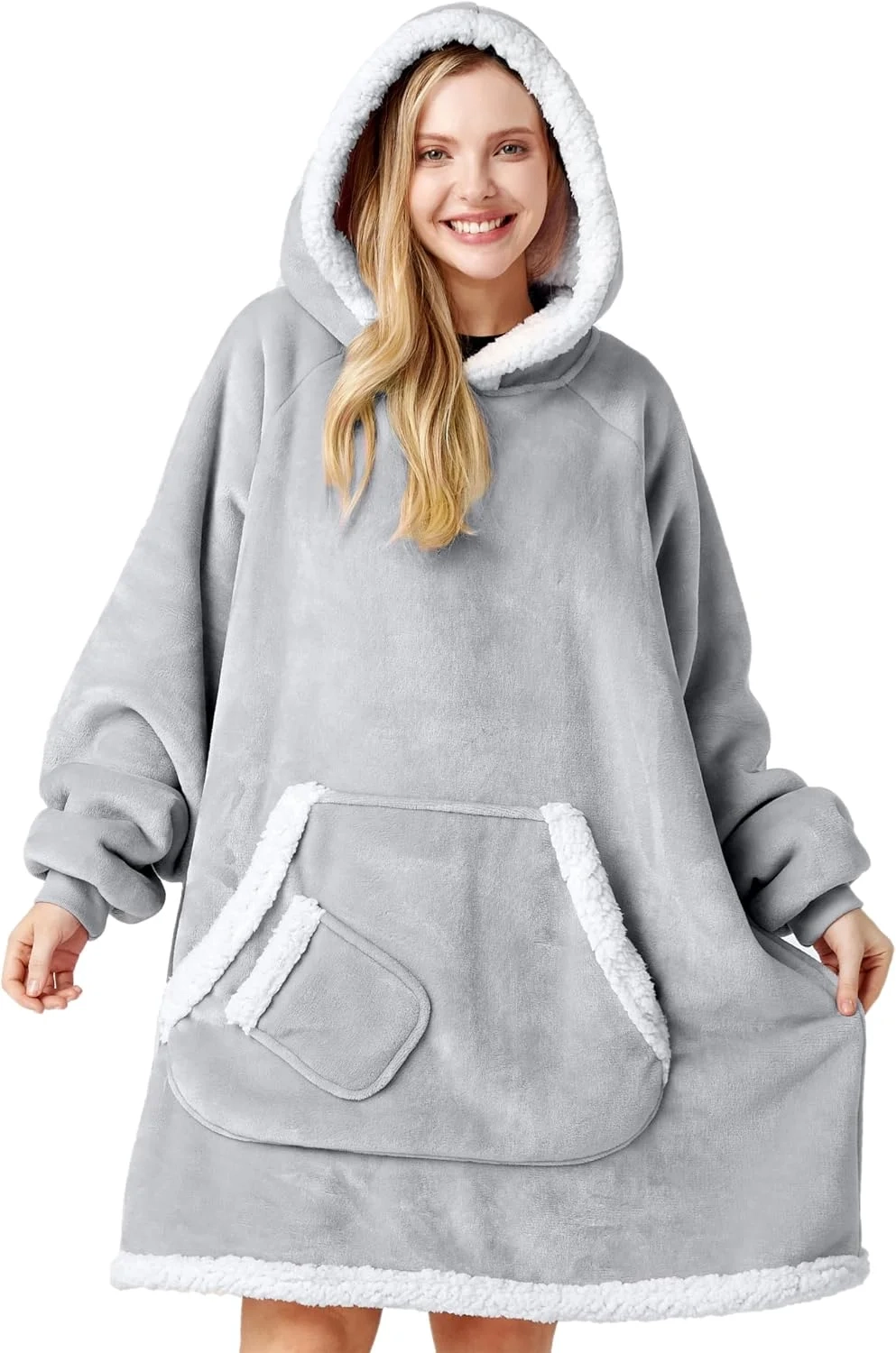 Giggling Getup Wearable Blanket Hoodie for Women and Men Gifts for Women Mom Wife Sherpa Fleece Hooded Blanket Sweatshirt Warm Cozy Sherpa Wearable Throw with Pocket & Sleeves for Adult Standard Gray