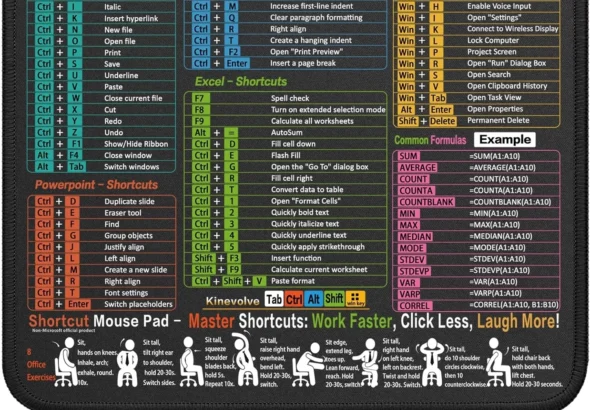 Kinevolve Mouse Pad for Excel/Word/PowerPoint/Windows Shortcuts  Small Excel Cheat Sheet Desk Pad  11.8"x9.8" Portable Computer Mousepad  Gaming, Office, Waterproof, Non-Slip, Stitched Edges