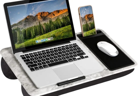 LAPGEAR Home Office Lap Desk with Device Ledge, Mouse Pad, and Phone Holder - White Marble - Fits Up To 15.6 Inch Laptops - Style No. 91501