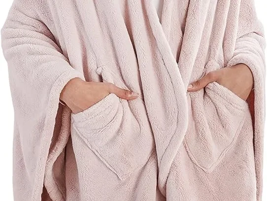 Berkshire Blanket Primalush Wearable Blanket, Cozy Loungewear Pocketed Plush Cape Wrap for Adults &Teens(Pink, One Size 58"X64")