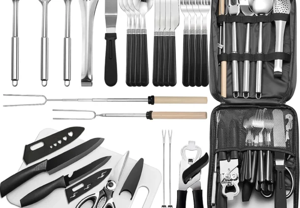 Portable Camping Kitchen Utensil Set-27 Piece Cookware Kit, Stainless Steel Outdoor Cooking and Grilling Utensil Organizer Travel Set Perfect for Travel, Picnics, RVs, Camping, BBQs, Parties and More