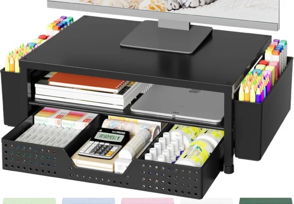 OPNICE Desk Organizers and Accessories, Computer Monitor Stand Riser with Drawer and 2 Pen Holders, Printer & Laptop Stand, Office Desk Accessories & Workspace Organizers for Home Office Supplies, Black