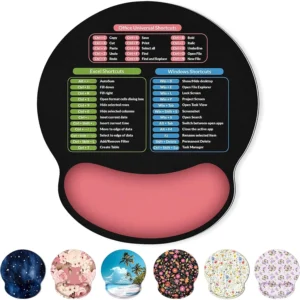 KONVINIT Ergonomic Mouse Pad with Wrist Rest, Small Excel Cheat Sheet Desk Pad with Windows & Office & Excel Shortcuts, Non-Slip Rubber Base Mouse Pads for Desk with Smooth Surface, Black Pink