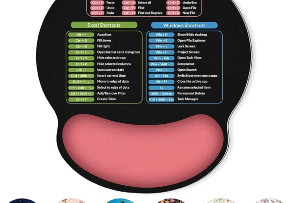 KONVINIT Ergonomic Mouse Pad with Wrist Rest, Small Excel Cheat Sheet Desk Pad with Windows & Office & Excel Shortcuts, Non-Slip Rubber Base Mouse Pads for Desk with Smooth Surface, Black Pink