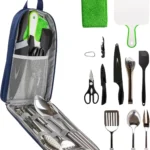 Life 2 Go 12 Pcs Camp Cooking Utensil Set & Outdoor Kitchen Gear Cookware Kit, Portable Compact Carry Case for Camping, Hiking, Travel, BBQ Grilling Stainless Steel Accessories Spoon & Fork, Navy