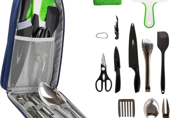 Life 2 Go 12 Pcs Camp Cooking Utensil Set & Outdoor Kitchen Gear Cookware Kit, Portable Compact Carry Case for Camping, Hiking, Travel, BBQ Grilling Stainless Steel Accessories Spoon & Fork, Navy