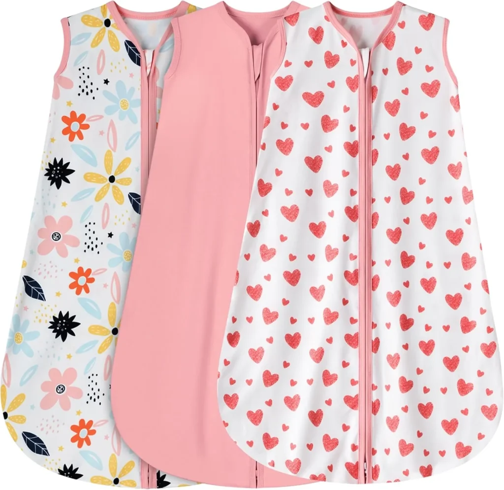 BSTOPPT 3 Pack Baby Sleep Sack 0-6 Months 100% Rayon Cotton Baby Sleeping Bag 2-Way Zipper Toddler Wearable Blankets Comfy Stretchy Lightweight TOG 0.3 Heart&Pink&Floral
