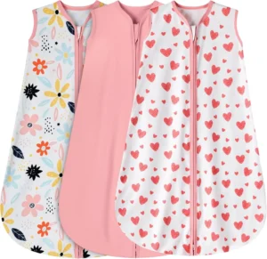 BSTOPPT 3 Pack Baby Sleep Sack 0-6 Months 100% Rayon Cotton Baby Sleeping Bag 2-Way Zipper Toddler Wearable Blankets Comfy Stretchy Lightweight TOG 0.3 Heart&Pink&Floral