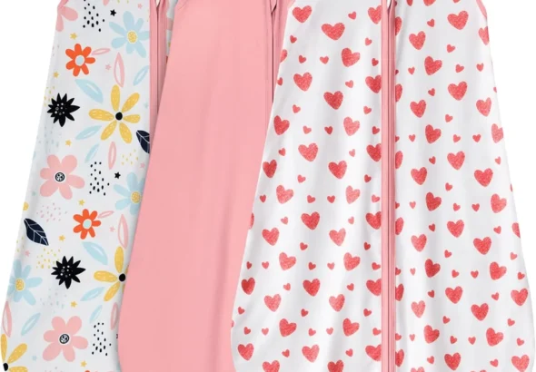 BSTOPPT 3 Pack Baby Sleep Sack 0-6 Months 100% Rayon Cotton Baby Sleeping Bag 2-Way Zipper Toddler Wearable Blankets Comfy Stretchy Lightweight TOG 0.3 Heart&Pink&Floral