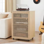 LEVNARY 5-Tier AV Media Cabinet with Grille Door & Adjustable Shelves, Modern Wooden Stereo Rack with Cable Management & Wheels, Audio Video Stand for Living Gaming Room Recording Studio (Natural)
