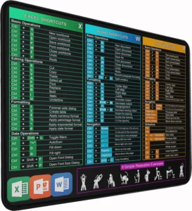 Excel Shortcuts Mouse Pad, Large Mouse Pad with Double Stitched Edges, 14.9 x 11.7 inches Premium-Textured & Waterproof Mousepad, Nonslip Natural Rubber Base Mousepad for Laptop,Computer, Office
