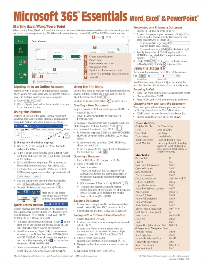 Microsoft 365 (Office 365) Essentials Quick Reference Guide - Windows Version (Cheat Sheet of Instructions, Tips & Shortcuts - Laminated Card)