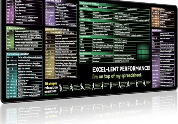 Excel Cheat Sheet Desk pad|excel Mouse pad|Contains Excel Shortcut Keys,Lager Mouse pad for Desk| XL31.5 * 11.8in Size|Desk mat for Keyboard and Mouse|Mouse Pads|WaterproofAnti-SlipSmooth