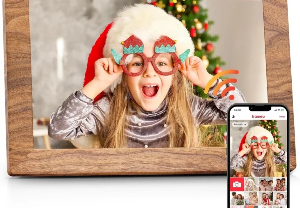 Frameo 10.1" Digital Picture Frame with 32GB Memory WiFi Electronic Photo Frame Wood 1280 x 800 IPS Touch Screen Auto-Rotate Slideshow Wall Mountable Share Photos/Video Remotely Anywhere