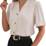 EVALESS Women's Summer V Neck Pleated Blouses Short Sleeve Button Down Business Casual Shirts Office Professional Tops
