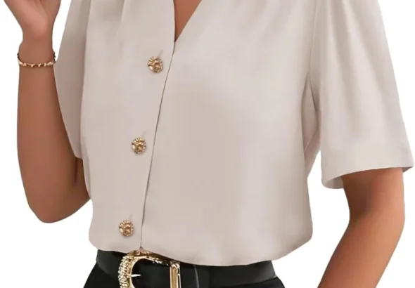 EVALESS Women's Summer V Neck Pleated Blouses Short Sleeve Button Down Business Casual Shirts Office Professional Tops