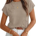 MEROKEETY Women's Short Sleeve Floral Fall Sweaters Trendy Cute Work Tops