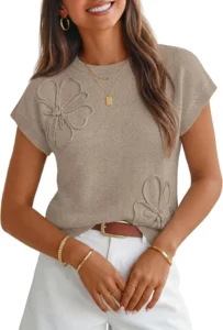 MEROKEETY Women's Short Sleeve Floral Fall Sweaters Trendy Cute Work Tops