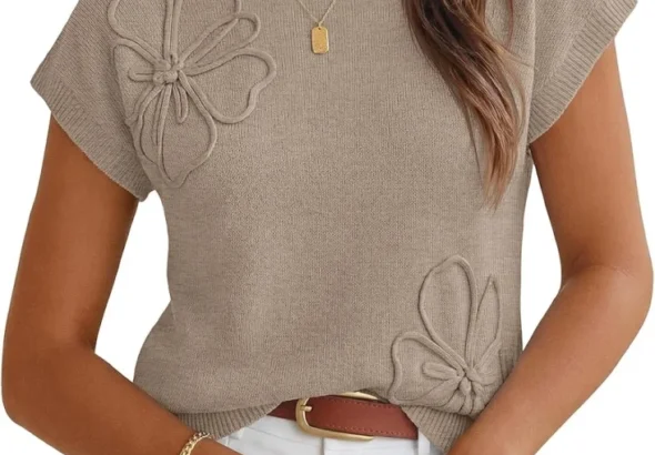 MEROKEETY Women's Short Sleeve Floral Fall Sweaters Trendy Cute Work Tops