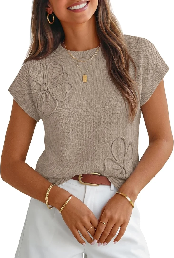 MEROKEETY Women's Short Sleeve Floral Fall Sweaters Trendy Cute Work Tops