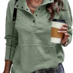 SHEWIN Women's Casual Long Sleeve Stand Neck Sweatshirt - Lightweight Button Drawstring V