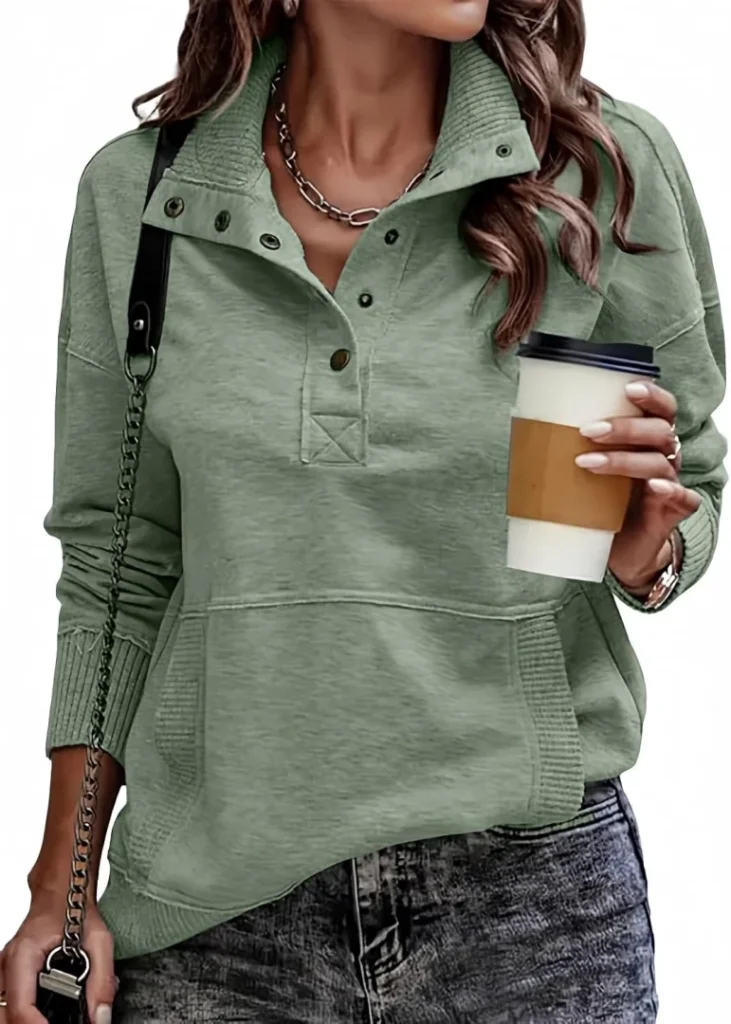 SHEWIN Women's Casual Long Sleeve Stand Neck Sweatshirt - Lightweight Button Drawstring V