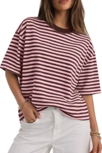 CHYRII Women's Oversized Striped Tee Short Sleeve Trendy 2026 Casual Crewneck Summer Y2K Top