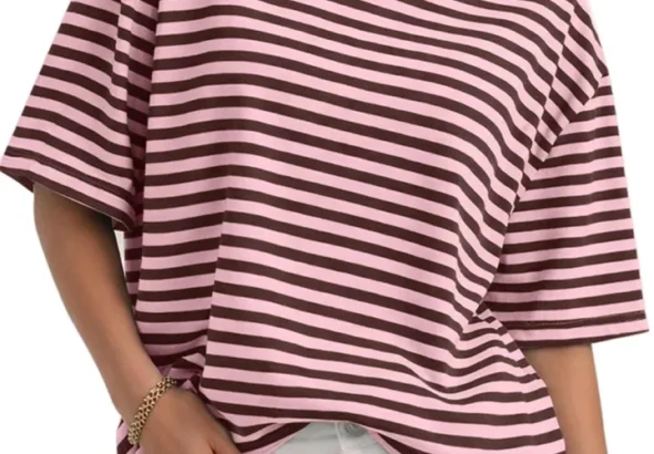 CHYRII Women's Oversized Striped Tee Short Sleeve Trendy 2026 Casual Crewneck Summer Y2K Top