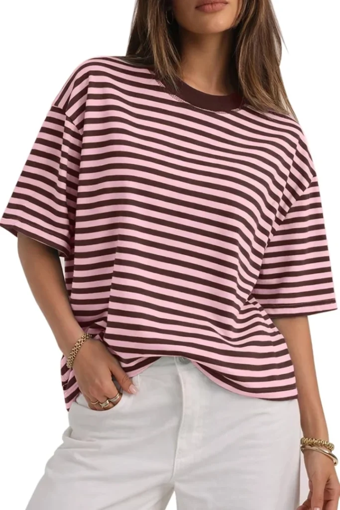 CHYRII Women's Oversized Striped Tee Short Sleeve Trendy 2026 Casual Crewneck Summer Y2K Top