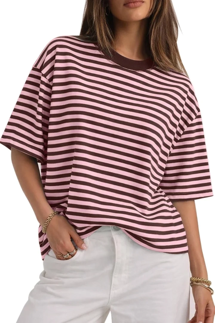 CHYRII Women's Oversized Striped Tee Short Sleeve Trendy 2026 Casual Crewneck Summer Y2K Top