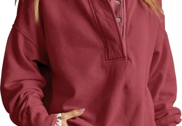 Women's Oversized Henley Neck Sweatshirt Pullover Cozy Fall Outfit Top