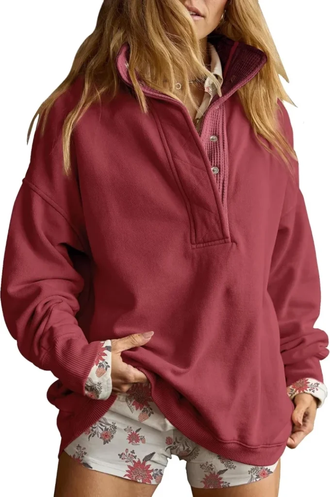 Women's Oversized Henley Neck Sweatshirt Pullover Cozy Fall Outfit Top