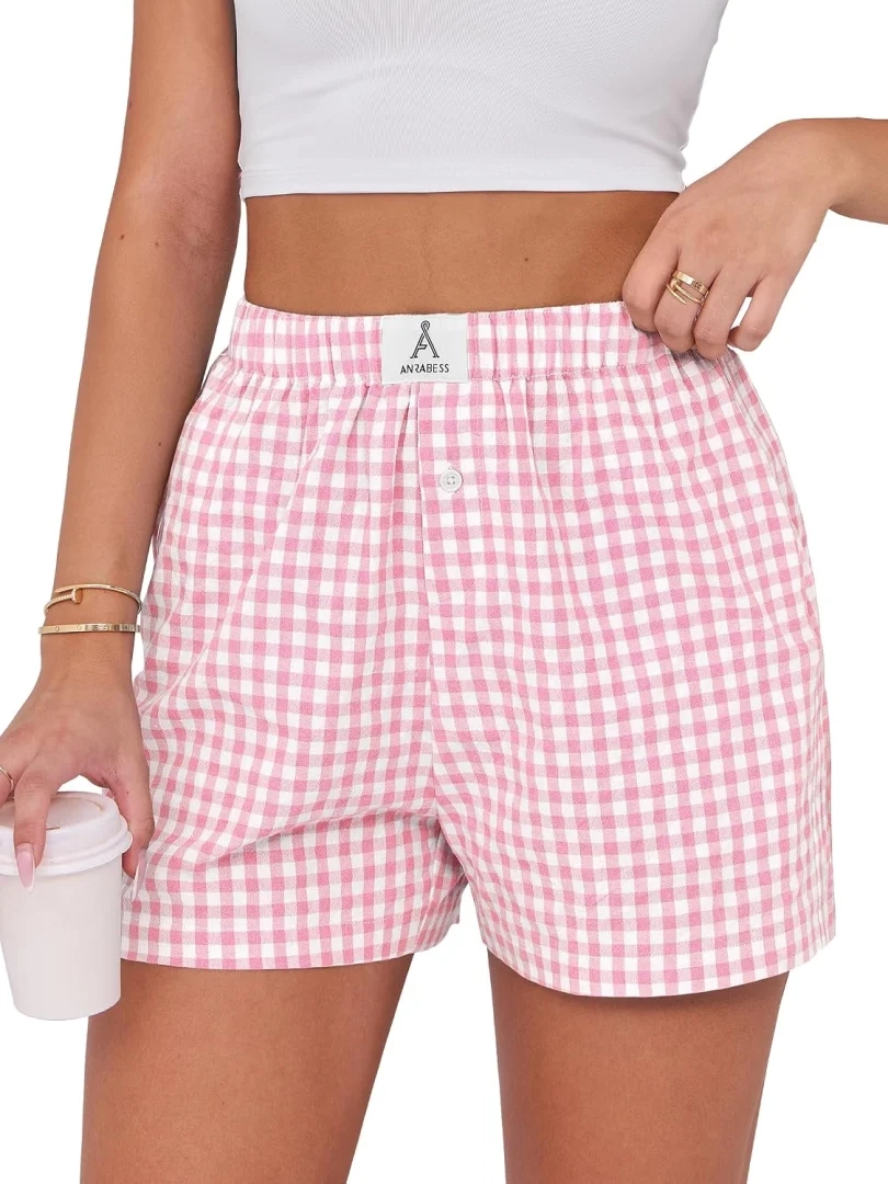 ANRABESS Women's Gingham Boxer Shorts Y2K Plaid Pajama Lounge Sleep Summer Beach Bottoms