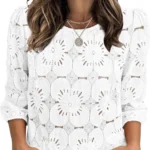 Sampeel Women's Casual Dressy Blouse 3/4 Sleeve Eyelet Lace Top Spring Summer Beach Vacation