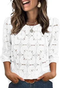 Sampeel Women's Casual Dressy Blouse 3/4 Sleeve Eyelet Lace Top Spring Summer Beach Vacation